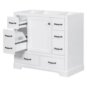 36" White Bathroom Vanity Cabinet Base, No Sink, 6 Drawers, Dividers, Adjustable Shelf