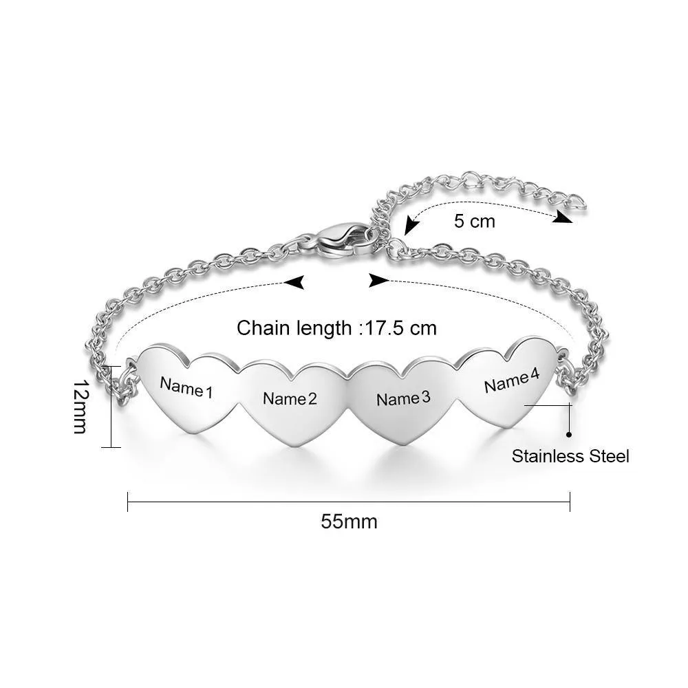 925 Sterling Silver Chain Of Love - Chain Bracelet with 4 Custom Name - Fashion Jewelry for Women