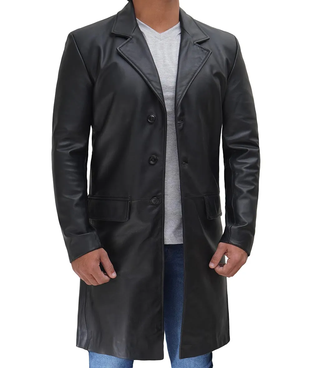 Black Cowhide Leather Coat With Wide Lapel