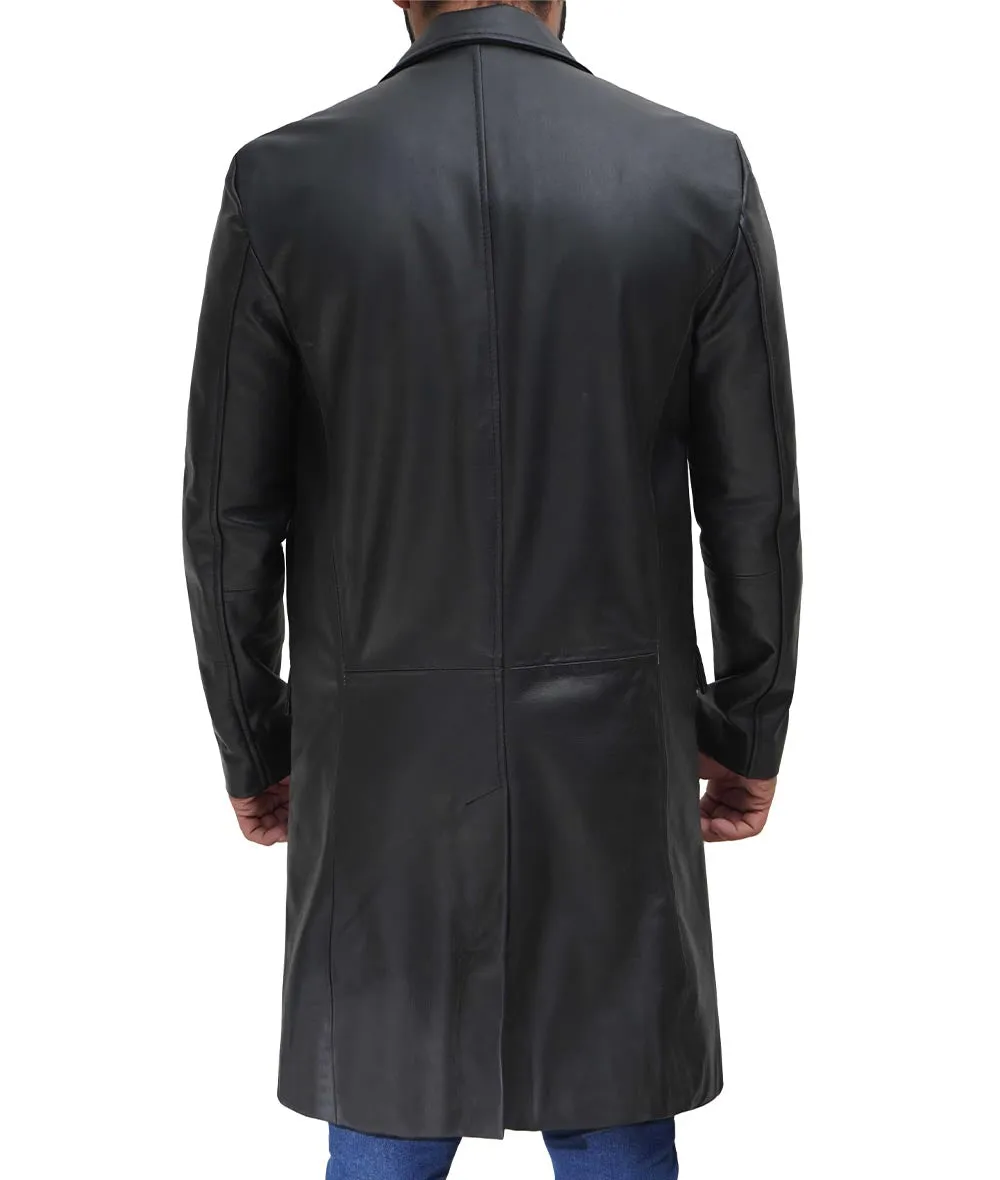 Black Cowhide Leather Coat With Wide Lapel