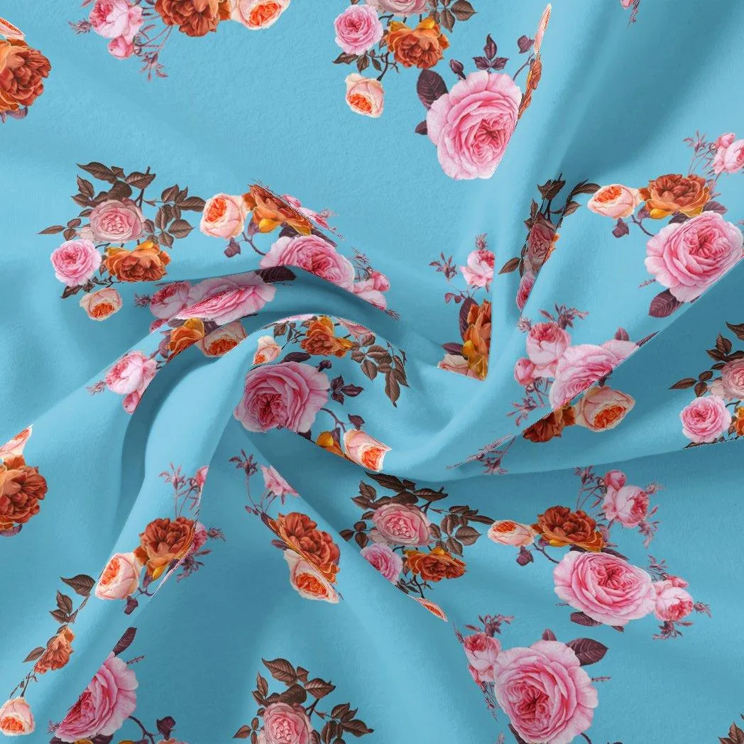 Blissful Pink Roses Digital Printed Fabric - Kora Silk