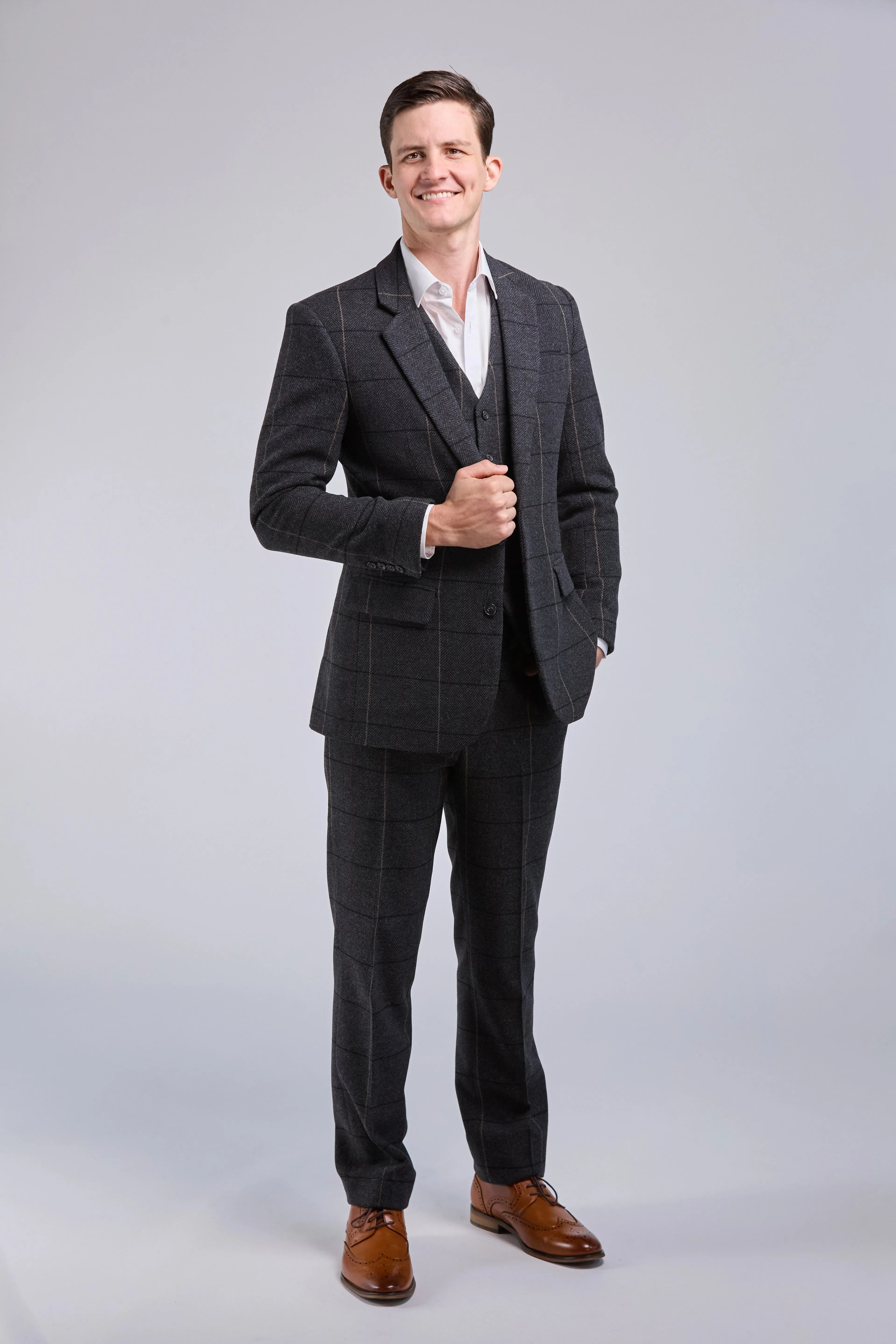 Charcoal Grey Overcheck Tweed 3 Piece Suit