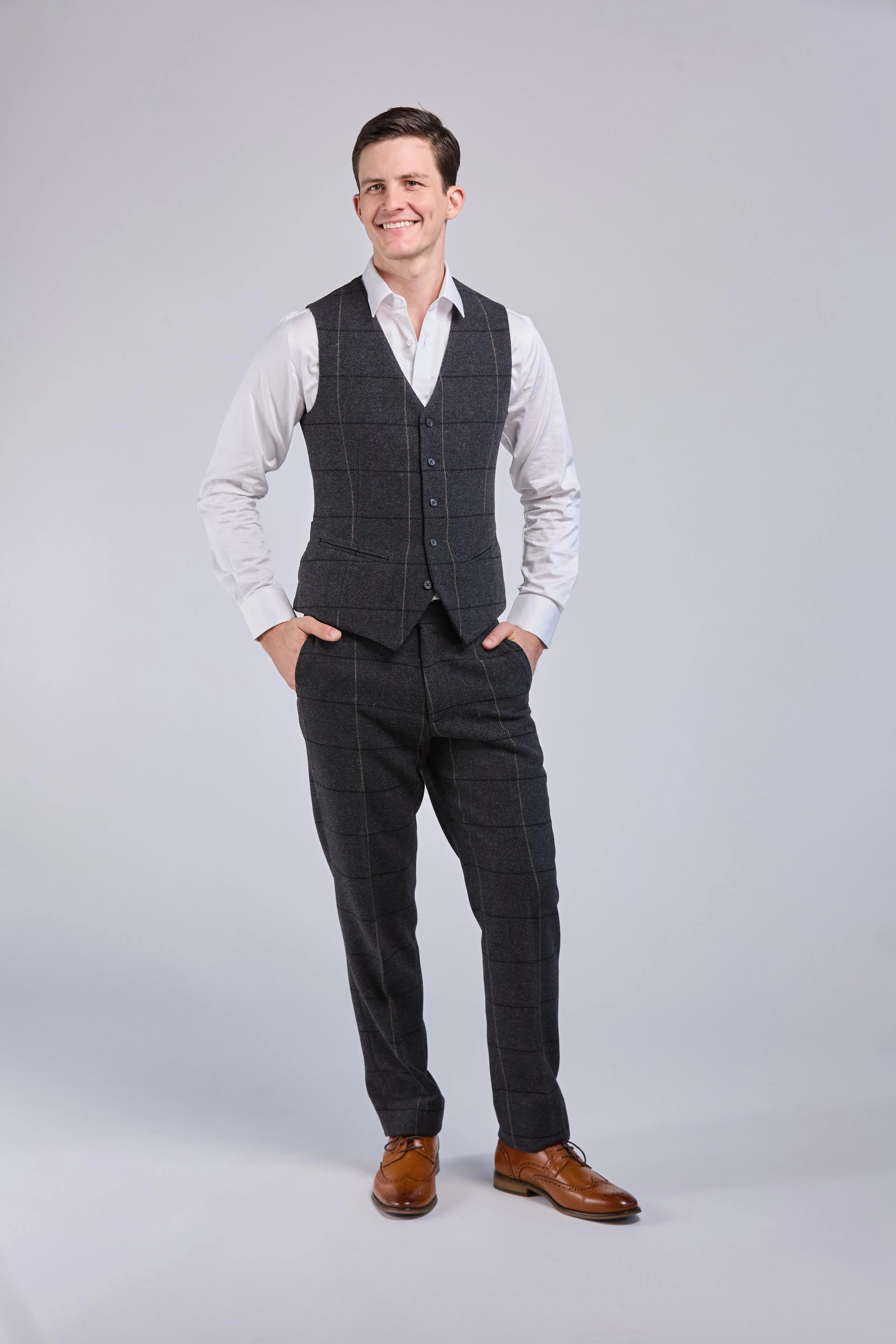 Charcoal Grey Overcheck Tweed 3 Piece Suit