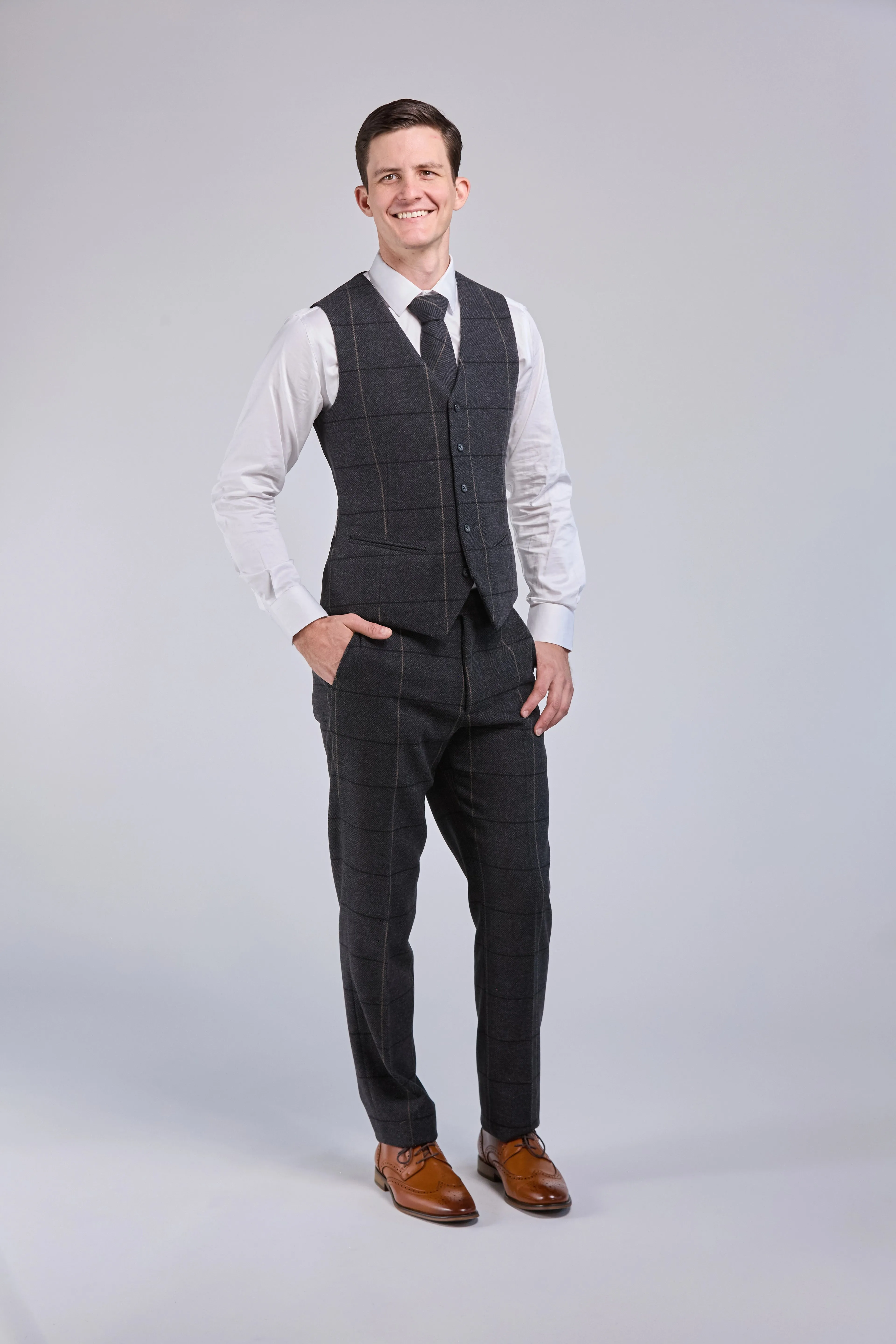 Charcoal Grey Overcheck Tweed 3 Piece Suit