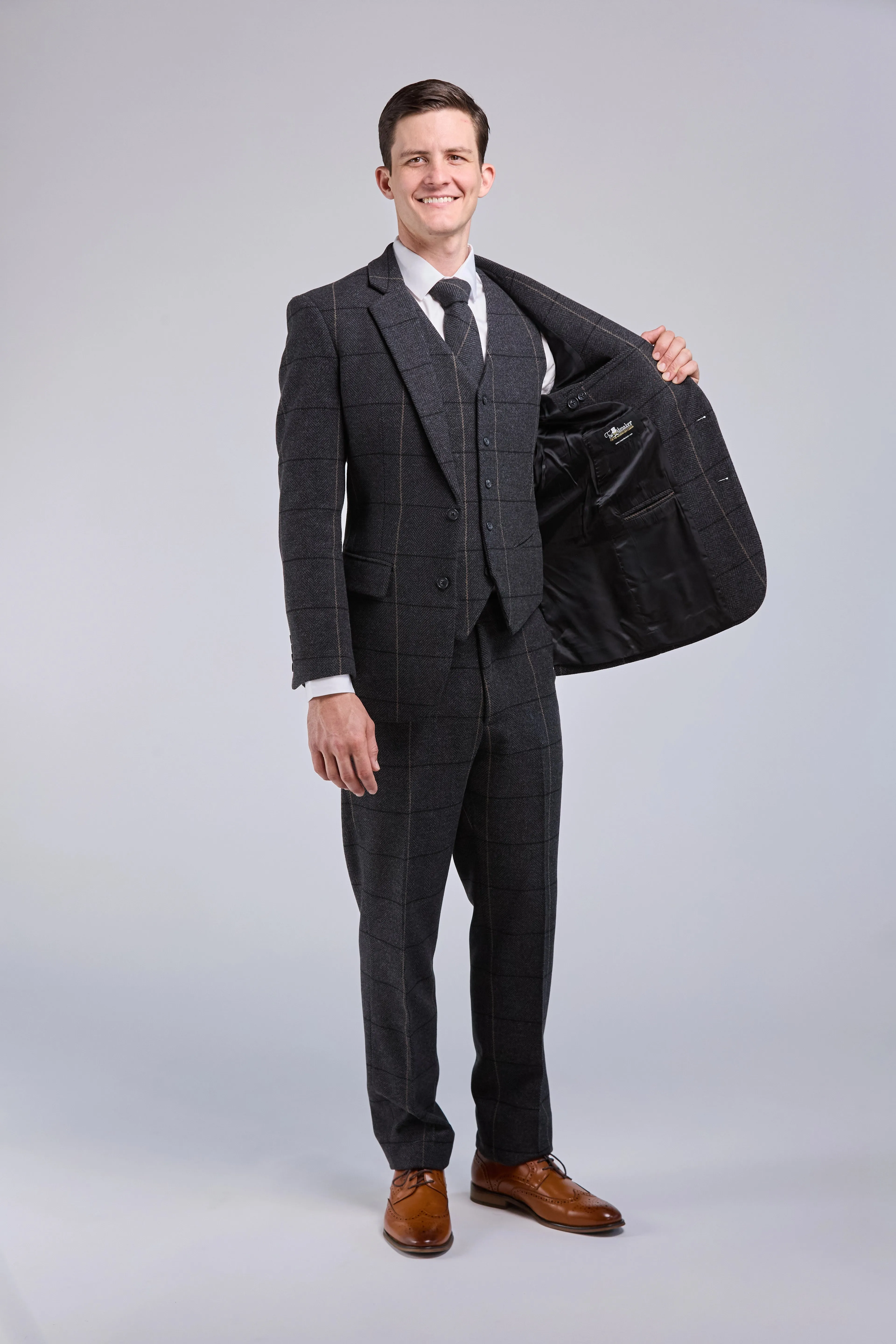 Charcoal Grey Overcheck Tweed 3 Piece Suit