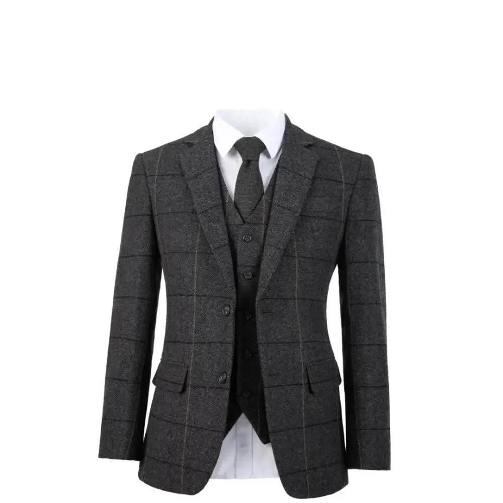 Charcoal Grey Overcheck Tweed 3 Piece Suit