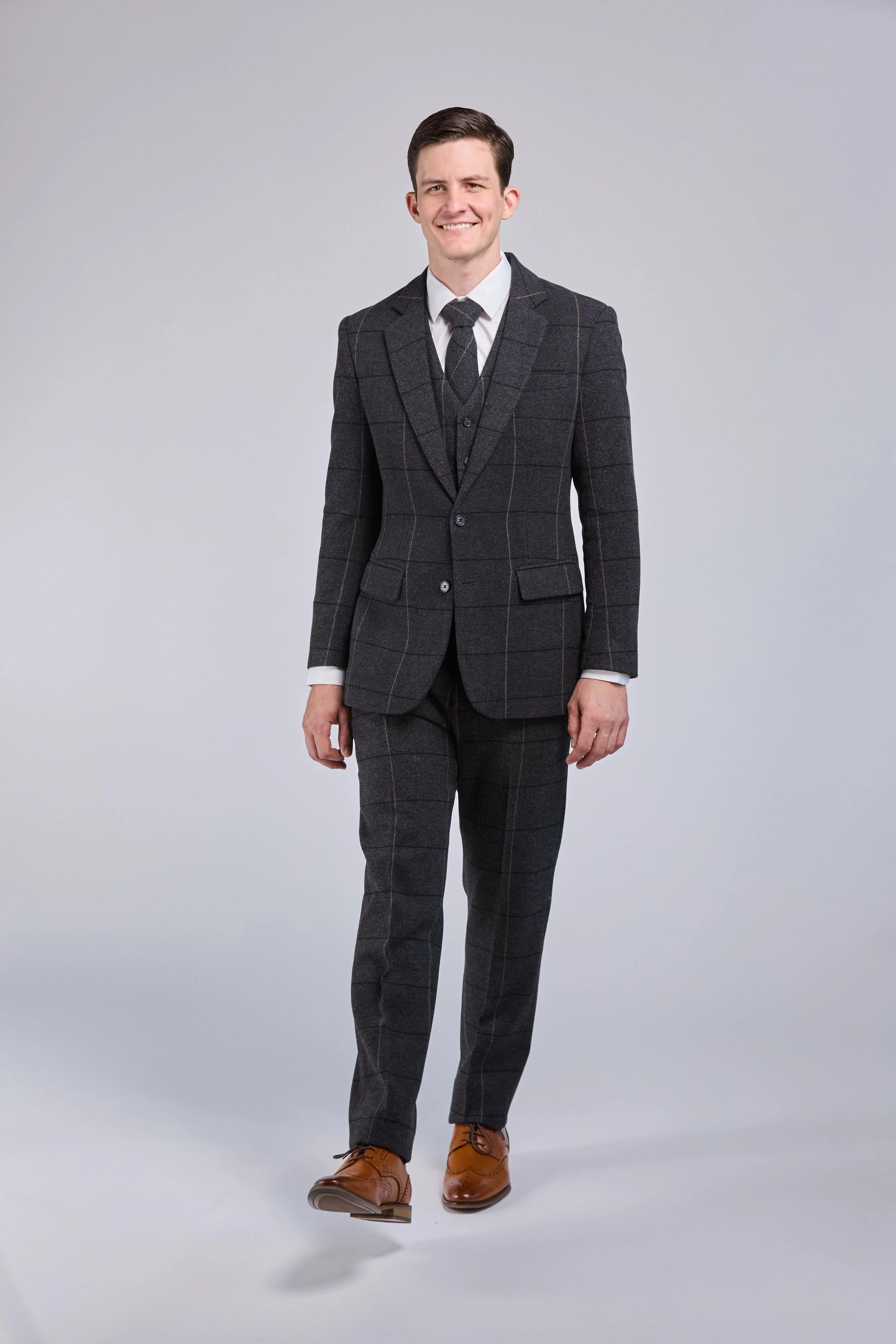 Charcoal Grey Overcheck Tweed 3 Piece Suit