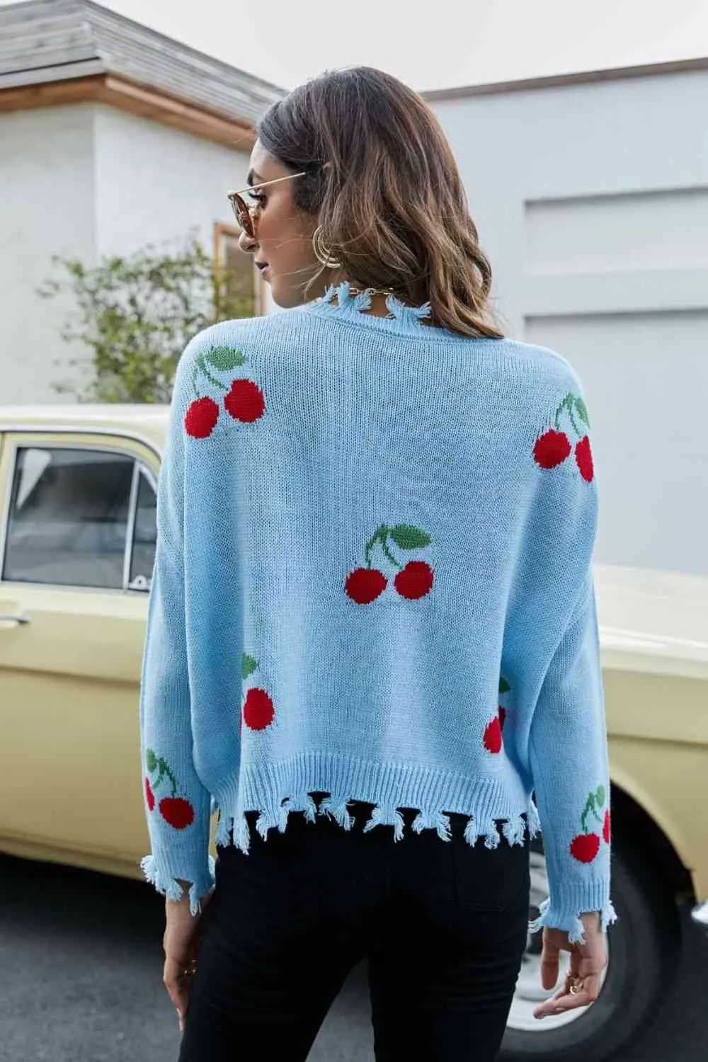 Cherry Pattern Frayed Trim V-Neck Sweater