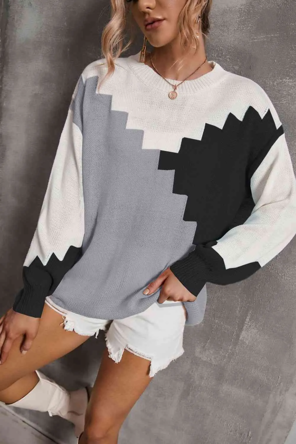 Color Block Dropped Shoulder Knit Pullover