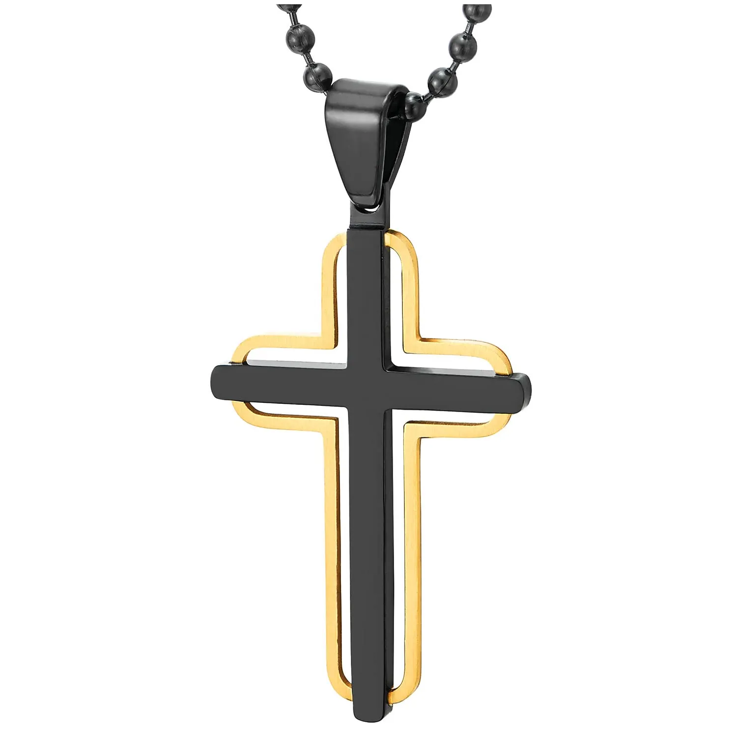 COOLSTEELANDBEYOND Steel Cross Pendant Necklace for Men Women, Minimalist Two-Layers Gold and Black Color Cross