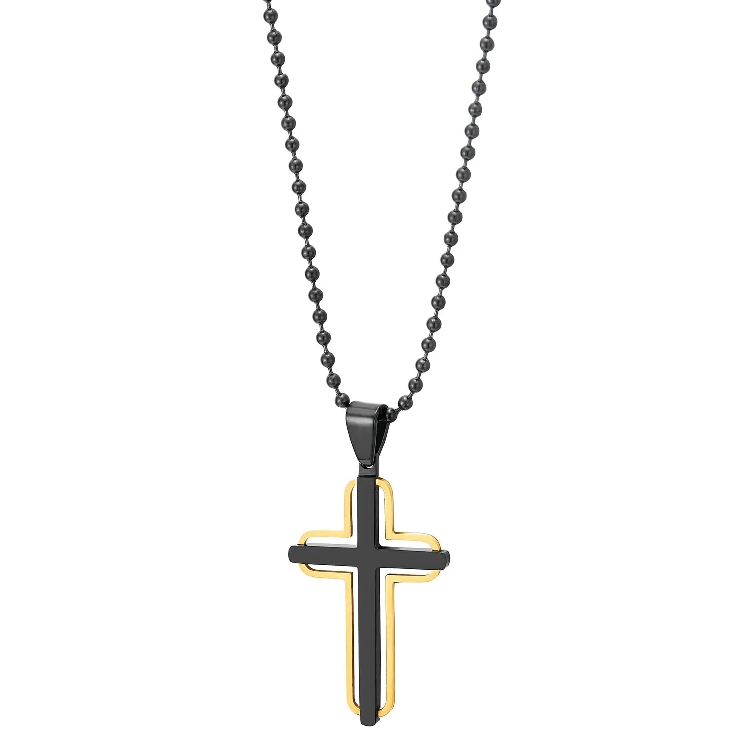 COOLSTEELANDBEYOND Steel Cross Pendant Necklace for Men Women, Minimalist Two-Layers Gold and Black Color Cross