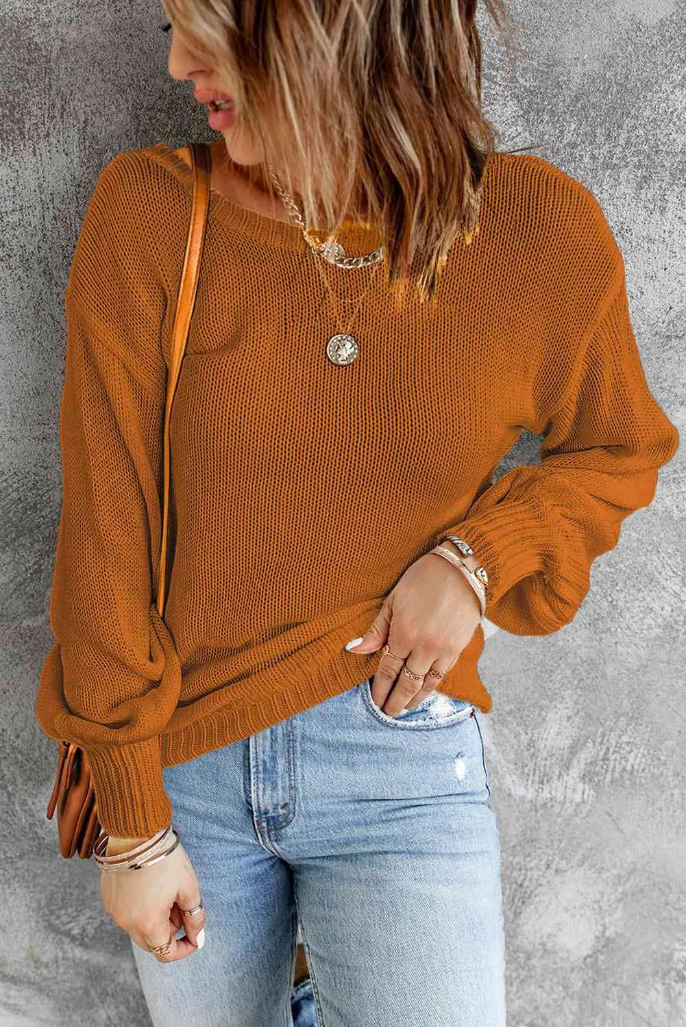 Double Take Tied Balloon Sleeve Round Neck Sweater