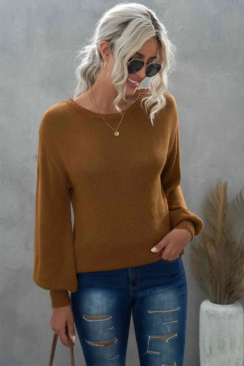 Double Take Tied Balloon Sleeve Round Neck Sweater