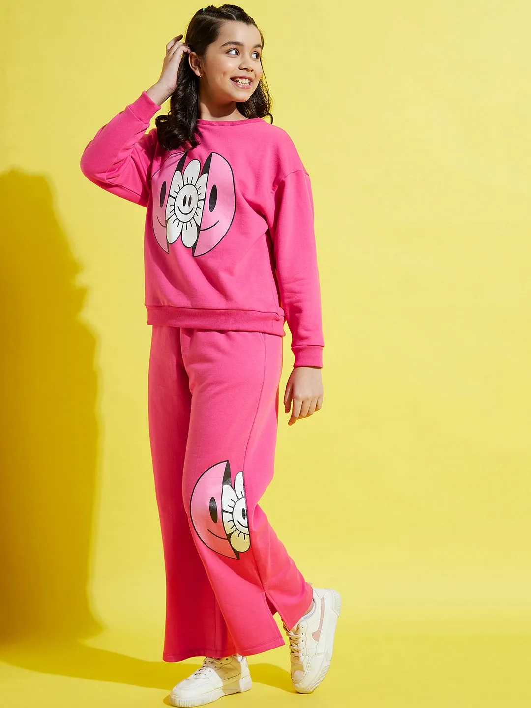 Girls Pink Fleece Flower Oversize Sweatshirt With Track Pants