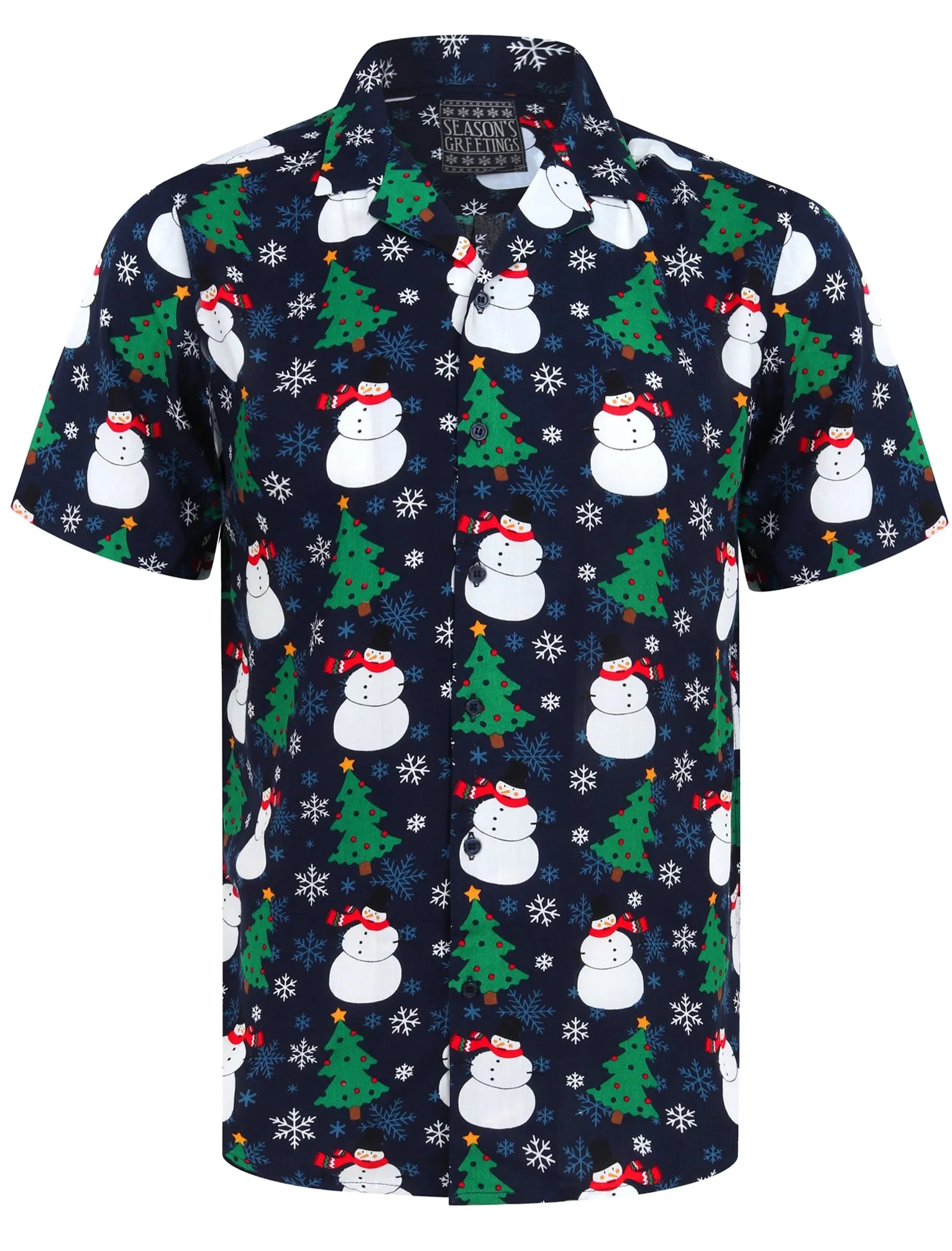 Horten Snowman / Xmas Tree Print Novelty Christmas Shirt in Evening Blue - Season’s Greetings