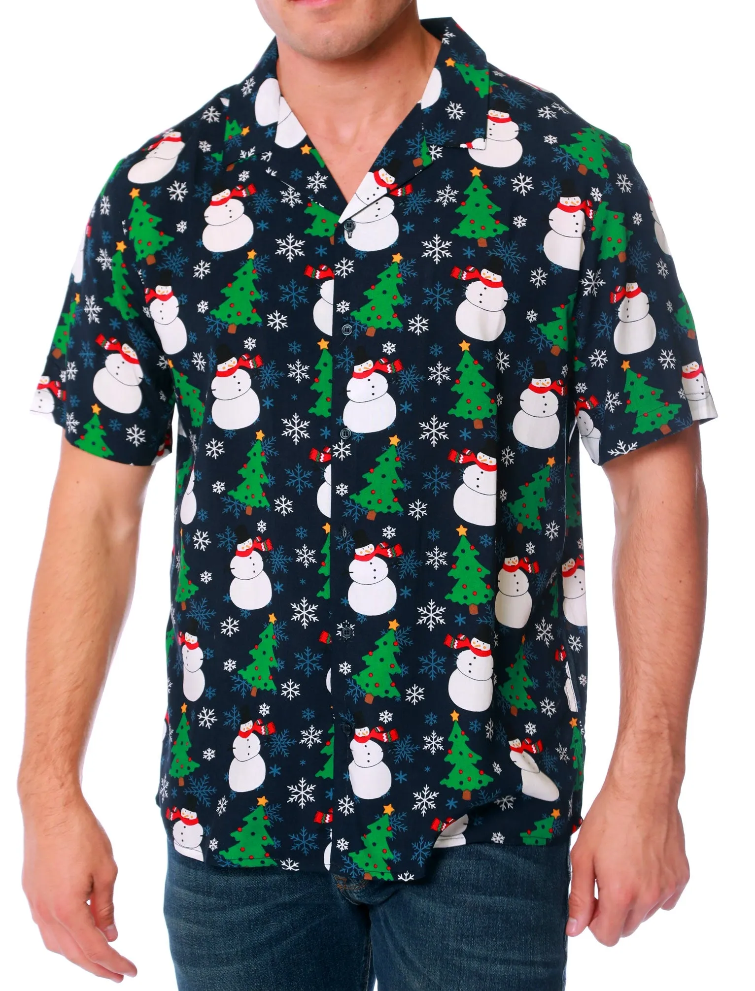 Horten Snowman / Xmas Tree Print Novelty Christmas Shirt in Evening Blue - Season’s Greetings