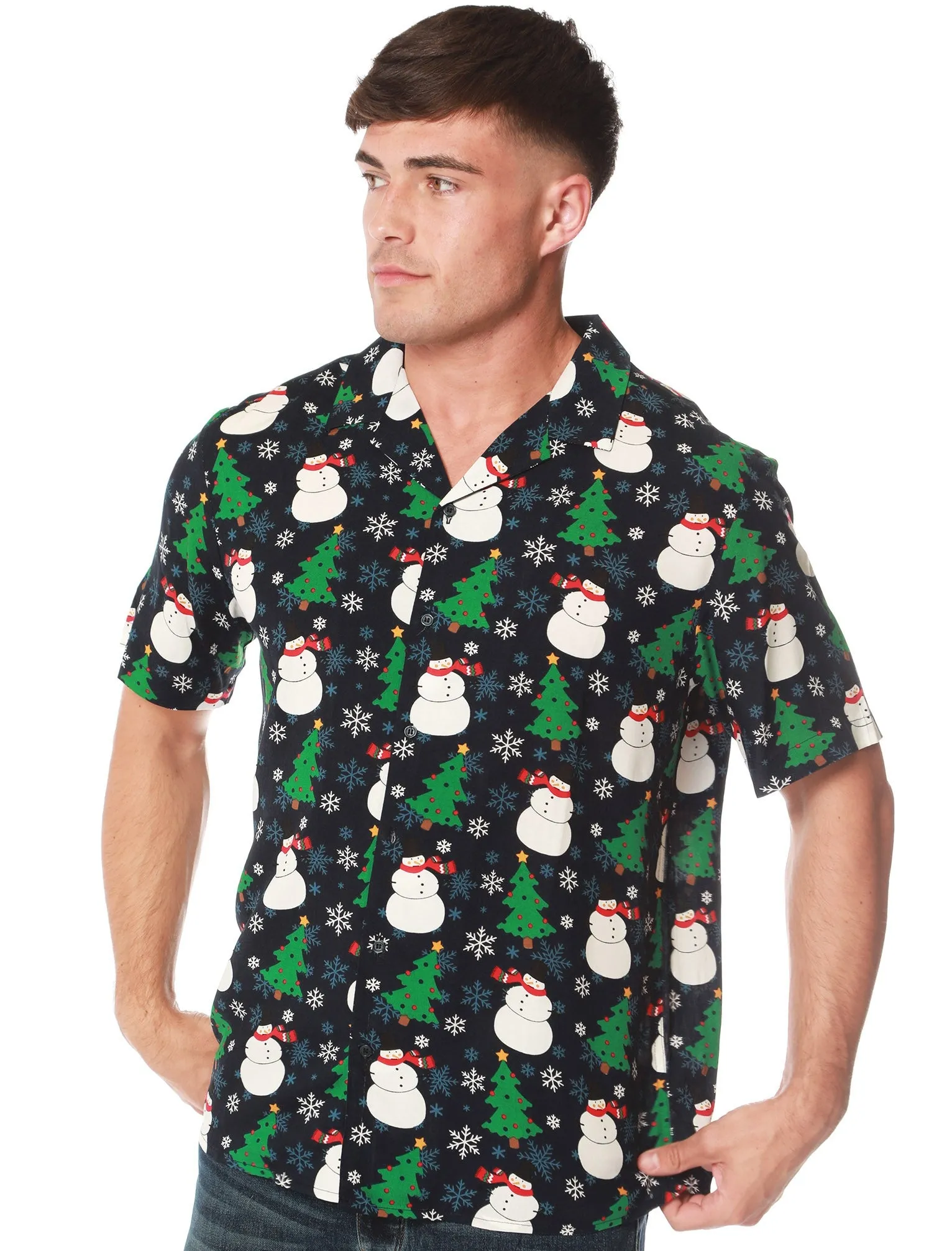 Horten Snowman / Xmas Tree Print Novelty Christmas Shirt in Evening Blue - Season’s Greetings