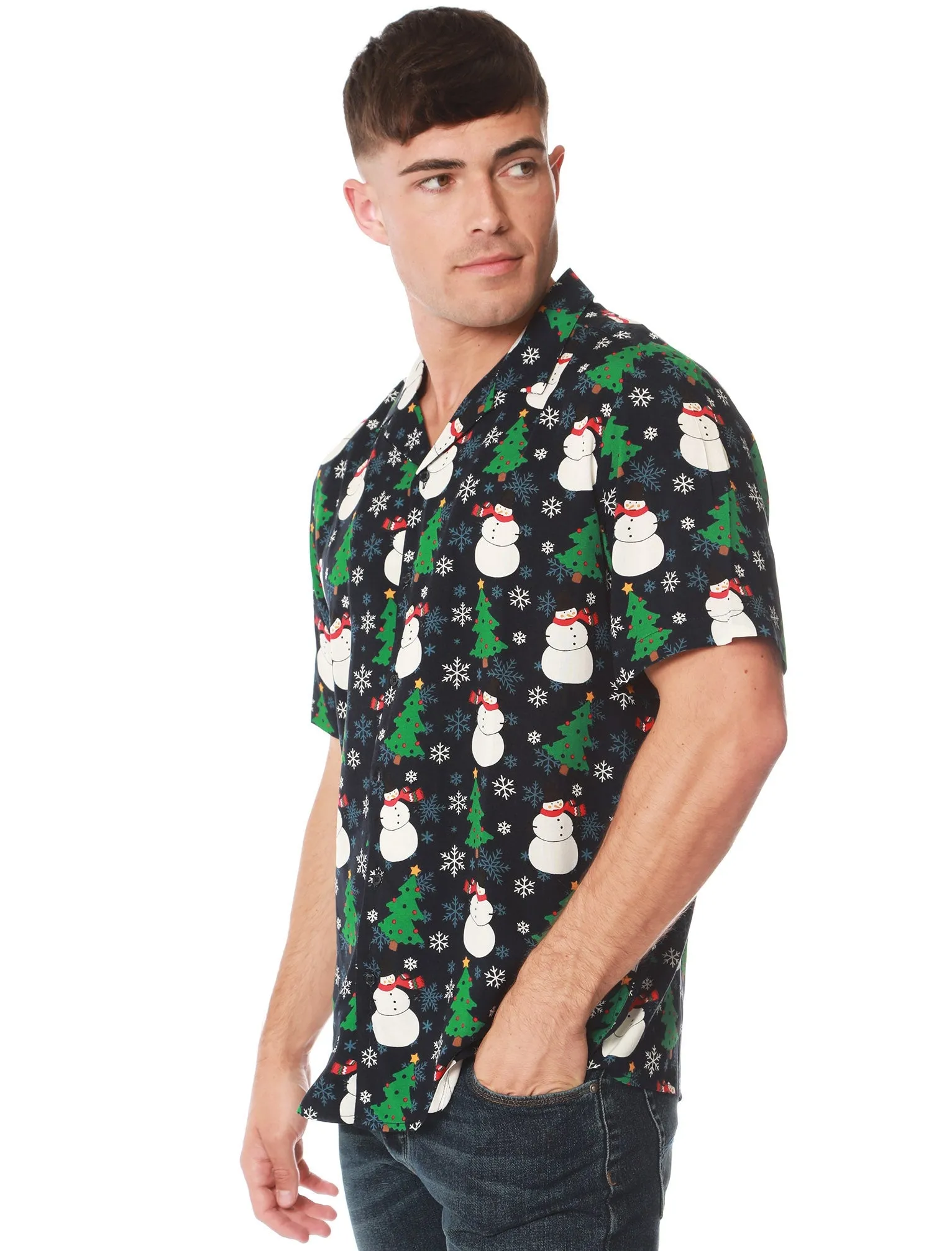 Horten Snowman / Xmas Tree Print Novelty Christmas Shirt in Evening Blue - Season’s Greetings