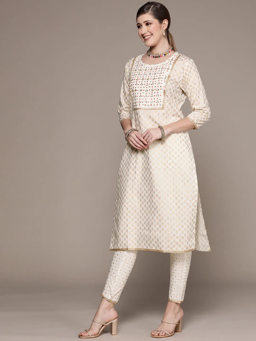 Ishin Women's Off White Embroidered Staright Kurta with Trouser & Dupatta