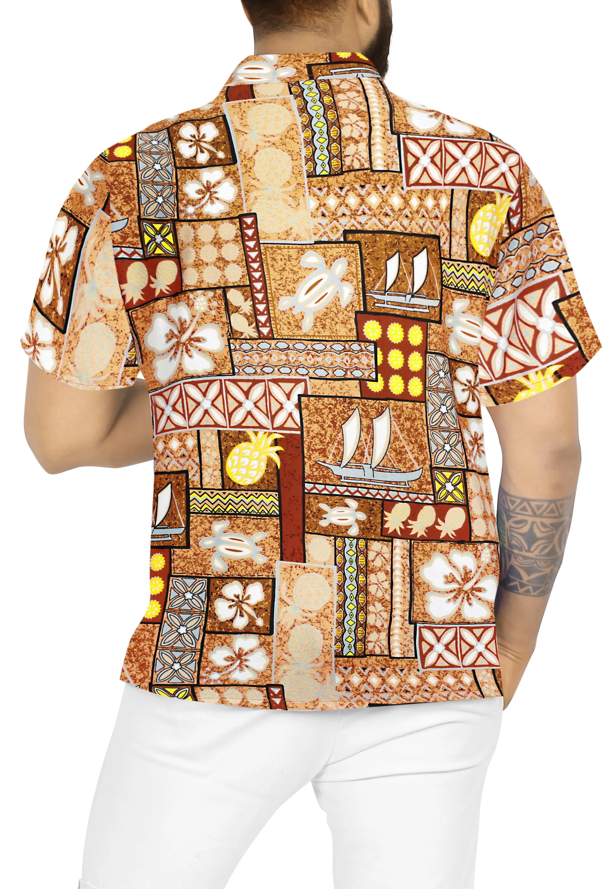 LA LEELA Men's Hawaiian Shirt Holiday Tropical Hawaii Collage Autumn Brown