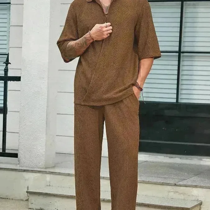 Men Commuter Suits Set Summer Short-sleeved Top And Loose Straight Trousers Casual Men Two piece Outfits set Outdoor Men's Clothing