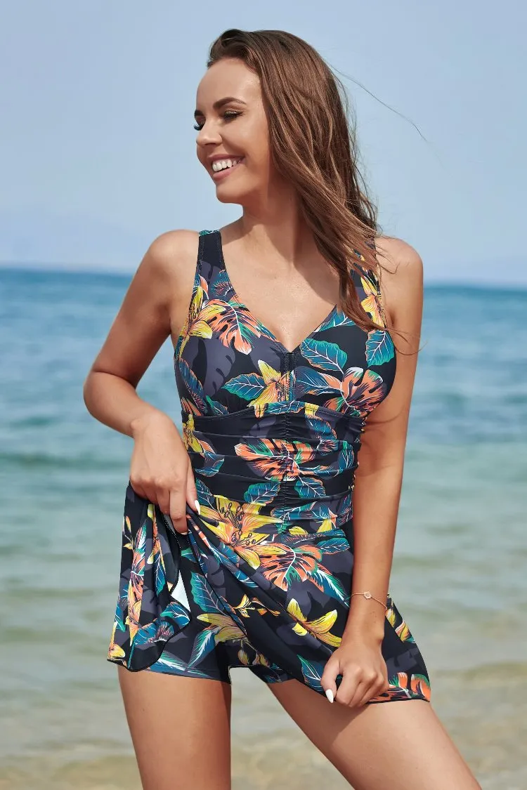 V Neck Skirt Ruched Tummy Control Swim Dresses