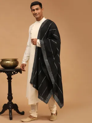 Vastramay Cream Pleated Kurta Set With Black Dupatta