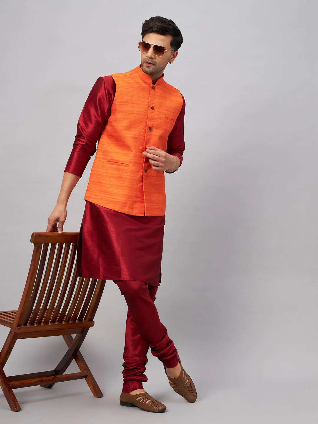 VASTRAMAY Men's Orange Silk Nehru Jacket Kurta