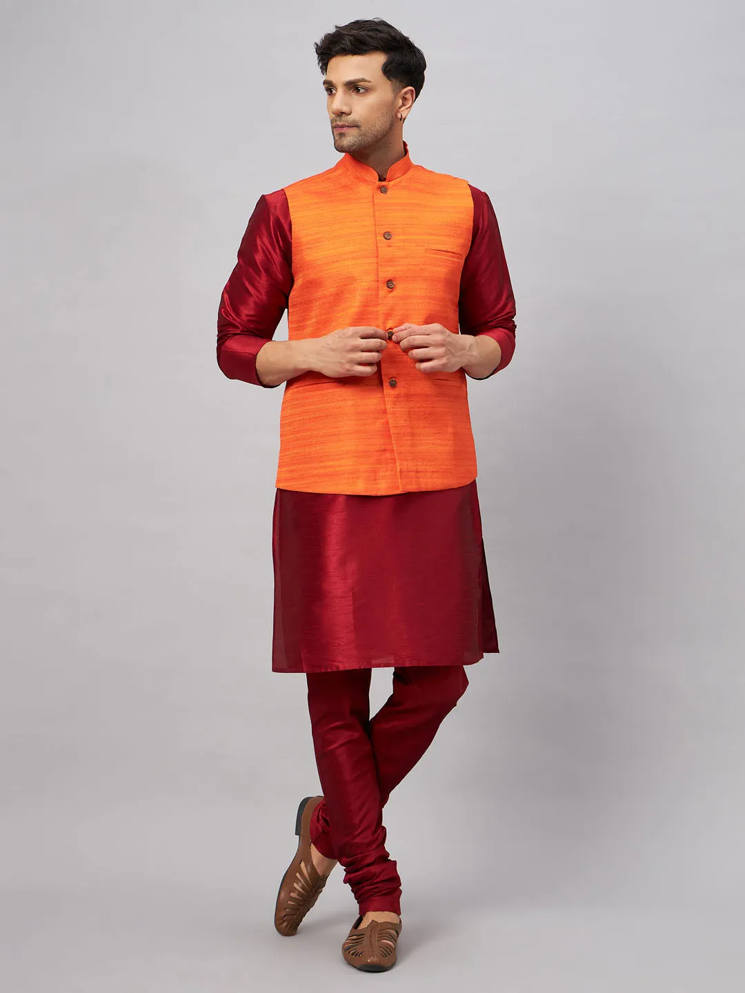 VASTRAMAY Men's Orange Silk Nehru Jacket Kurta