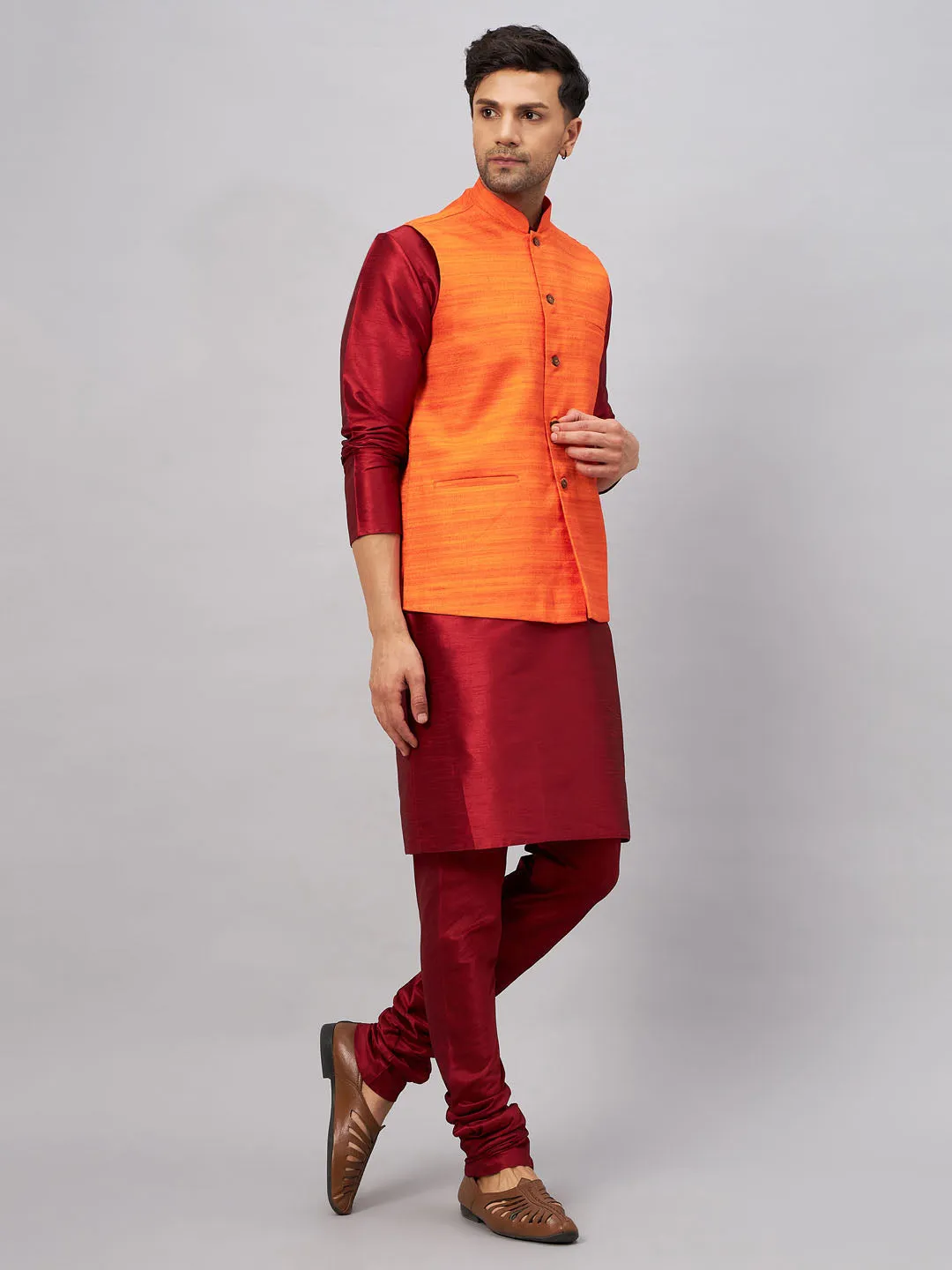 VASTRAMAY Men's Orange Silk Nehru Jacket Kurta