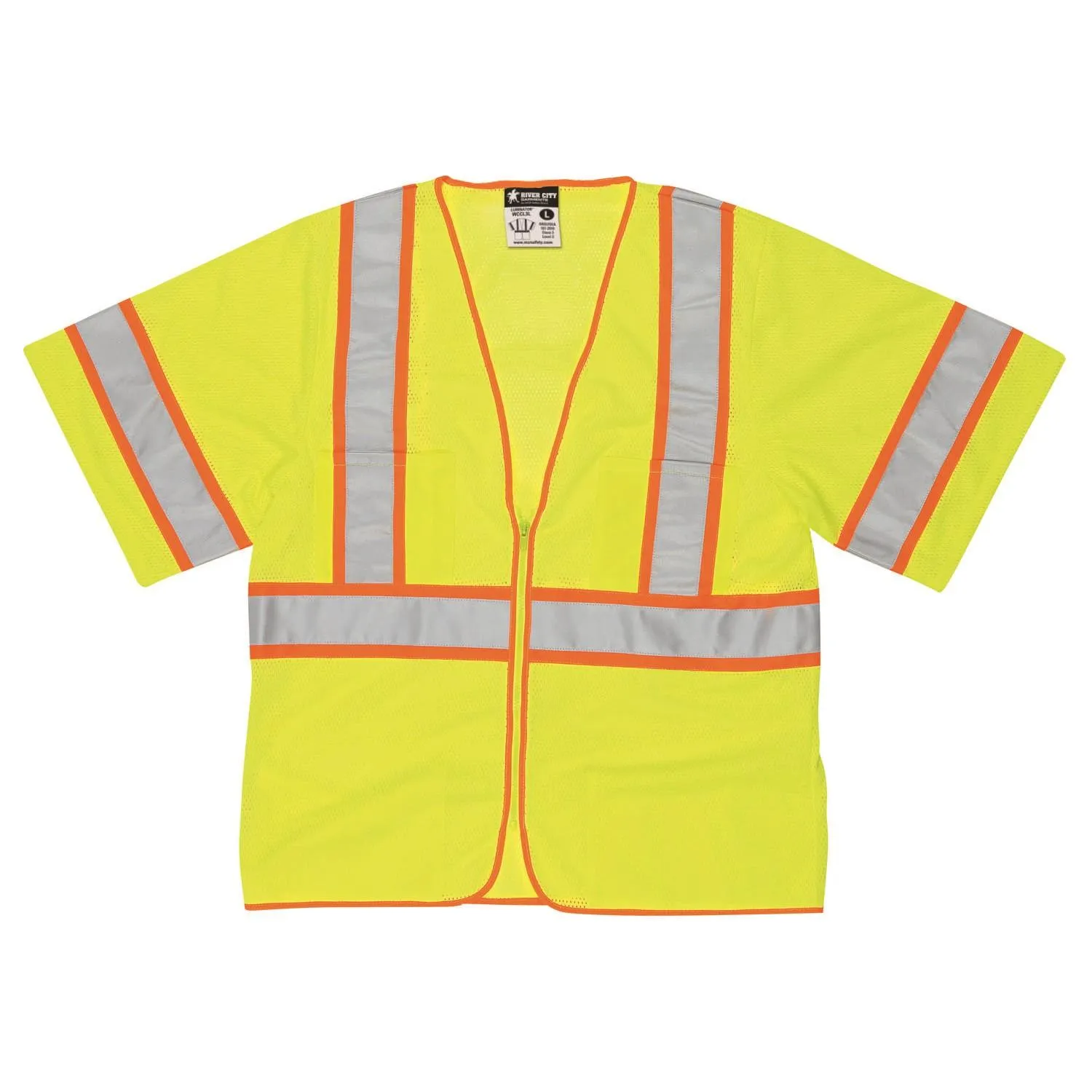 WCCL3LX3 MCR Class 3,Poly,Mesh Safety Vest,4 1/2" Yellow/Silver Stripe,Orange